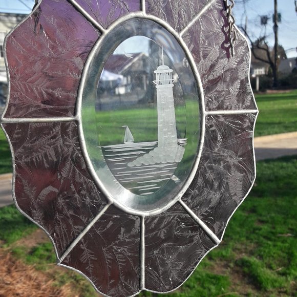 Stained Glass Etched Suncatcher Window Panel Lighthouse Bird Sailboat - Picture 2 of 14